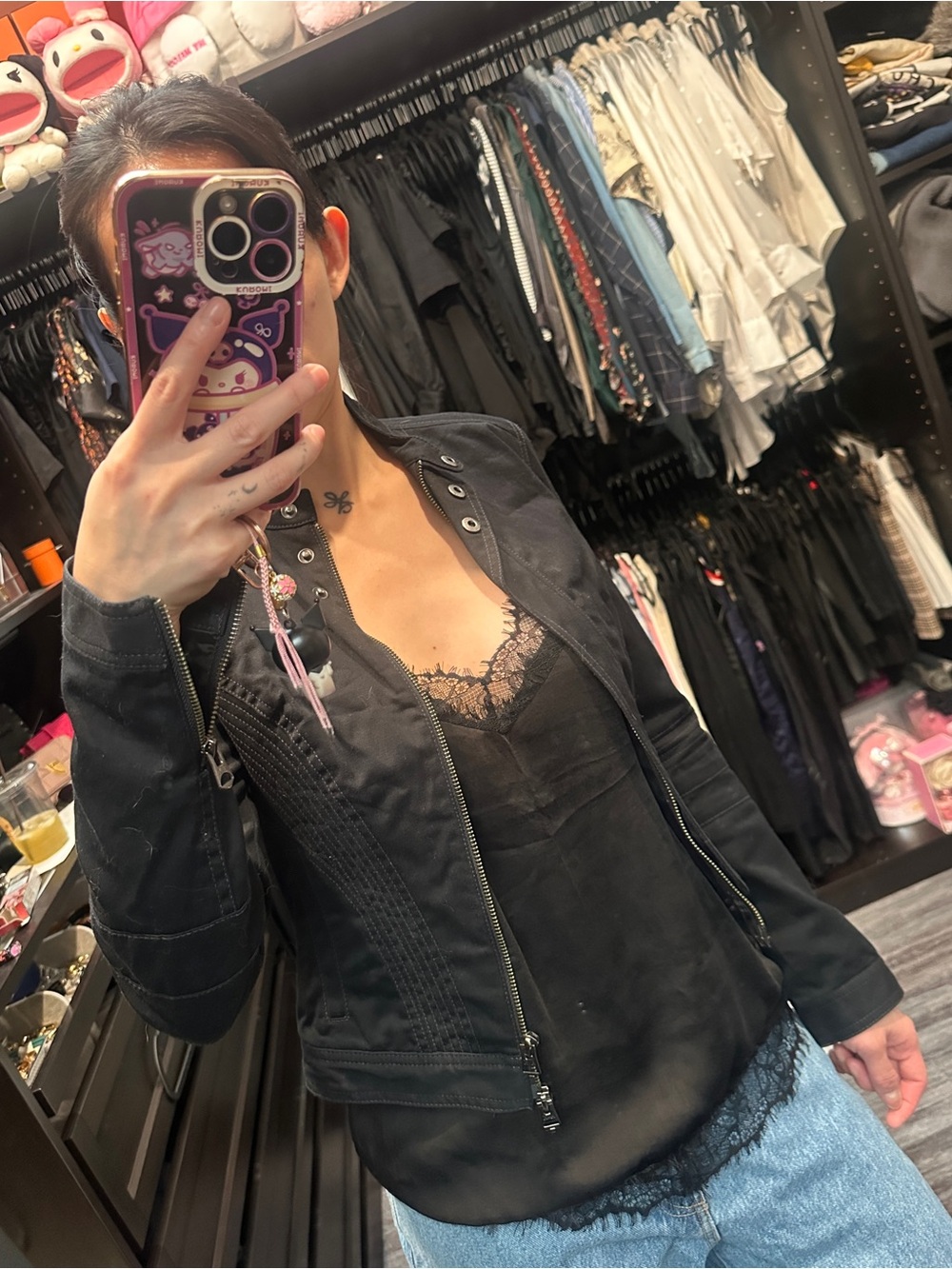 Armani Exchange Black Zip-Front Women's Leather Moto Jacket